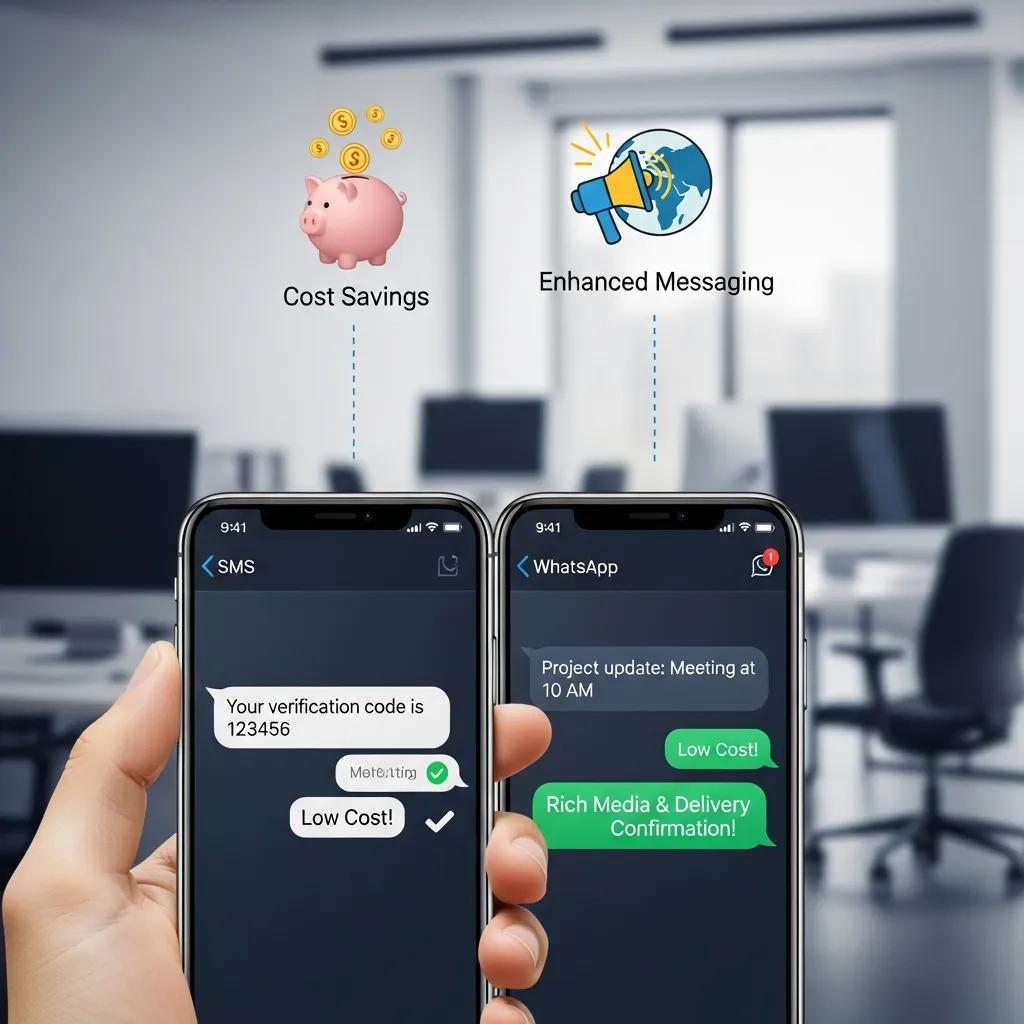 Phone showing combined SMS and WhatsApp messaging for agency workflows